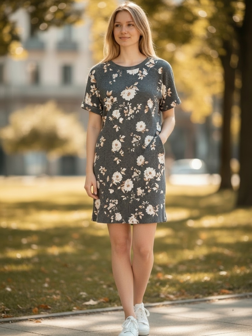 HEIMISH USA Floral Ribbed Short Sleeve Mini Dress in Gray and White